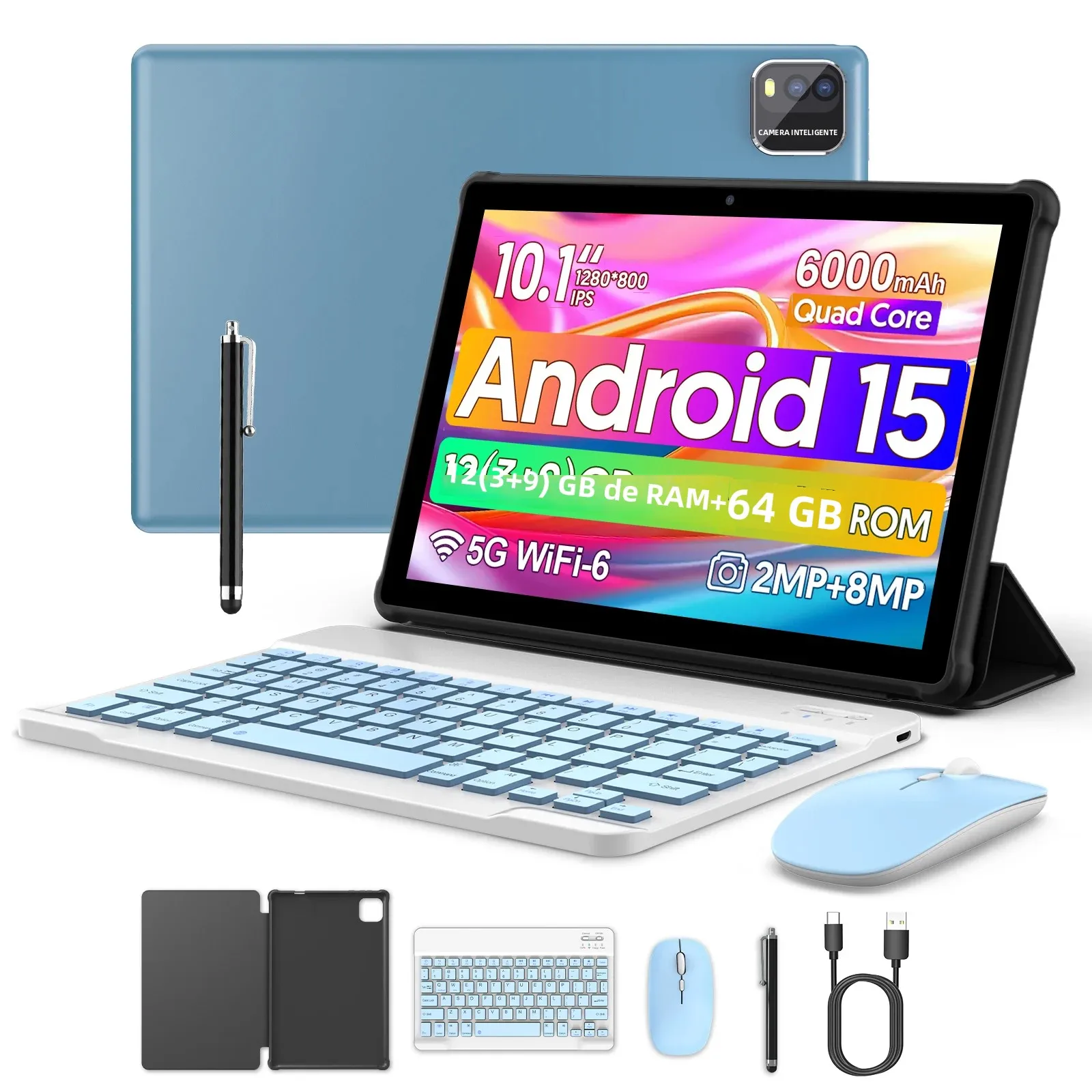 Tablet BAKEN de 10 polegadas com slot para cartão SIM, Android 15, Wi-Fi, GPS, Bluetooth, armazenamento de 64 GB, alto-falantes duplos, porta USB-C