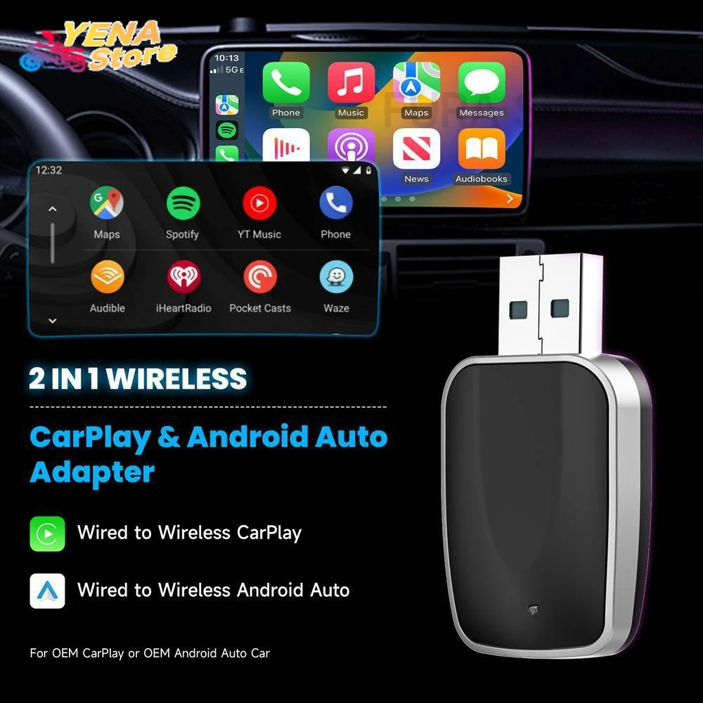Adaptor CarPlay berkabel 2-in-1 ke nirkabel dan konektivitas plug-and-play adaptor nirkabel Android Auto