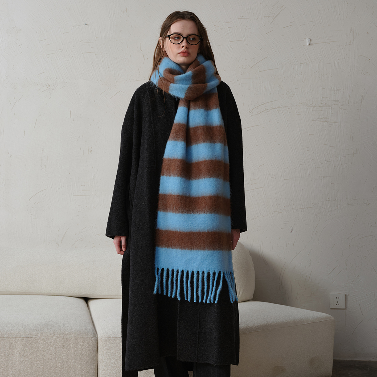Bufanda a cuadros a rayas de dos colores de Cachemira acrílica para hombres y mujeres parejas con flecos otoño Awinter capa babero cálida gruesa 24W017