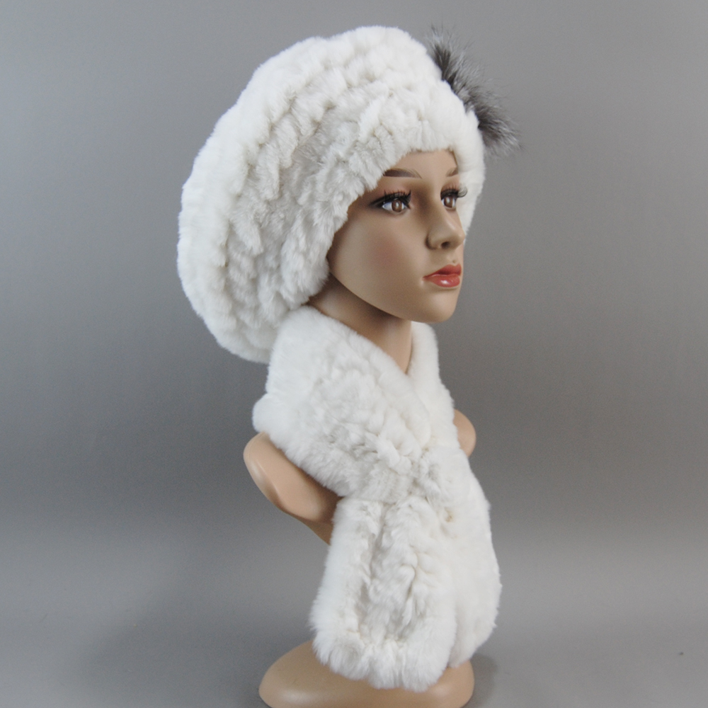 Gorro de piel para chica a la moda, gorro de piel de conejo Rex auténtica cálido para invierno, bufanda, traje de lujo de alta calidad para mujer, bufanda de piel auténtica de 100% + conjunto de sombrero