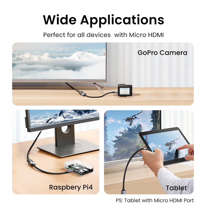 UGREEN-adaptador Micro HDMI Compatible con HDMI, 4K/60Hz, 3D, para GoPro Hero 7, Raspberry Pi 4, Sony, Nikon, Cable trenzado 4K