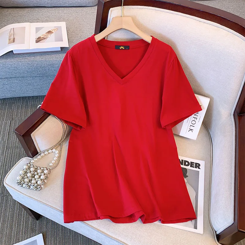 150 kg Übergröße Damen Büste 152 Sommer Baumwolle Kurzarm T-Shirt V-Ausschnitt Lose Top 5XL 6XL 7XL 8XL 9XL 9XL 9 Farben