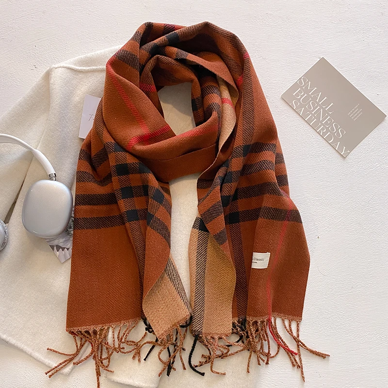 Novo outono inverno moda cashmere xadrez design cachecol das mulheres dos homens quente espessamento xale lenço cachecóis bufanda borla 2024