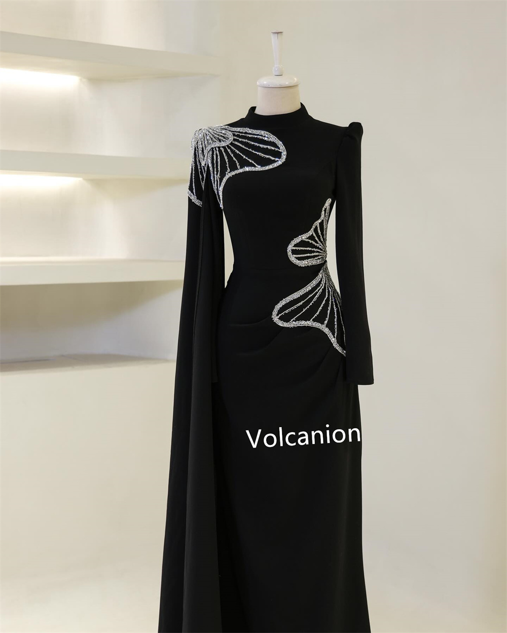 Maßgeschneiderte Chiffon-Muster mit Pailletten, Etui-Linie, hoher Kragen, Midi-Kleider, maßgeschneiderter Anlass, Abschlussball, Party, elegante Qualität