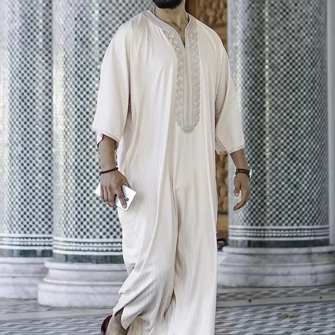 Herren Kurzarm Kaftan Arab Stand Kragen muslimischen Rundhals ausschnitt arabische Robe islamische Robe muslimische Abaya ethnische Kleidung M-4XL