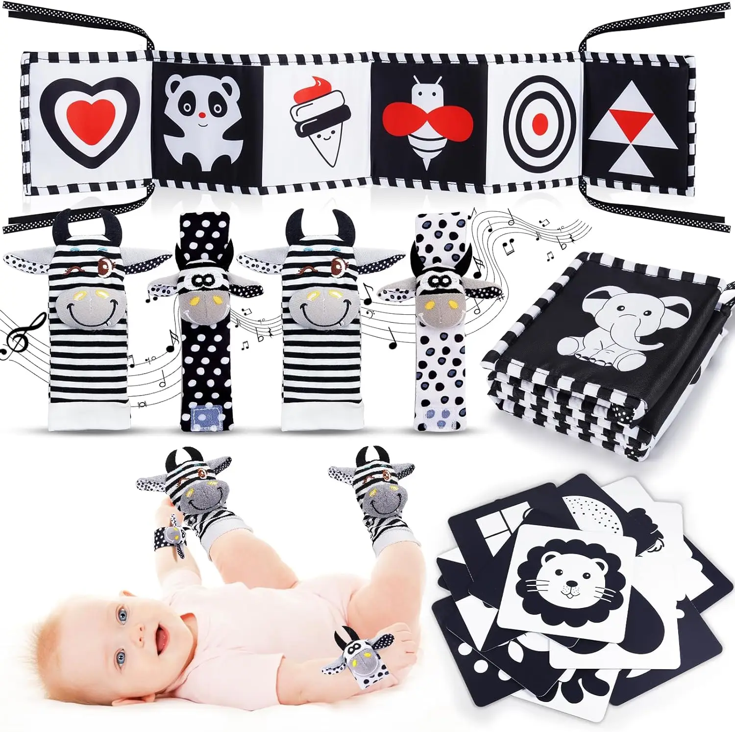 Black and White High Contrast Baby Toys 0 12 Months Tummy Time Sensory Toys Baby Rattle Socks Wrist Strap Rattles Montessori Toy