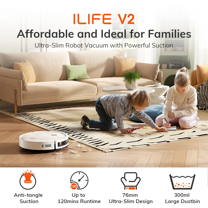﻿   Робот-пылесос ILIFE V2, время работы 120 минут, роботизированный пылесос с самозарядкой, тонкий, тихий, идеально подходит для шерсти домашних животных и твердых полов