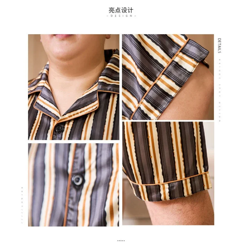 160kg 5XL Plus Size Satin Loose Loungewear Men Short Sleeve Ice Silk Pajama Button Down 2-Piece Pjs Set Sleepwear Home Clothes