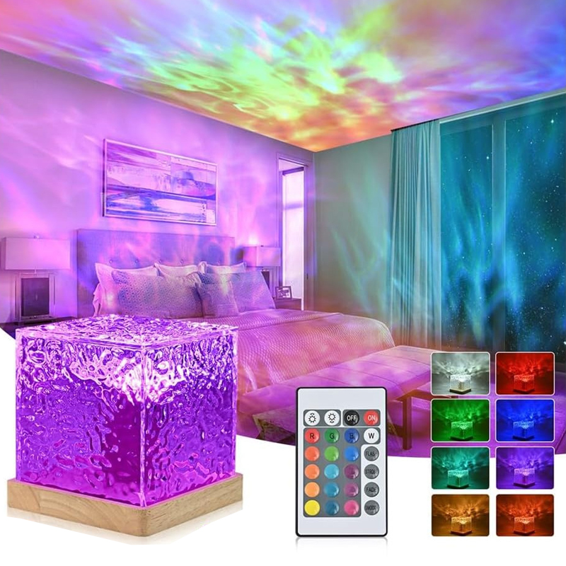 16 Color Ocean Wave Projector Light Remote Control Cube Lamp Aurora Lamp Home Bar Restaurant Projector Bedroom Decor Night Light