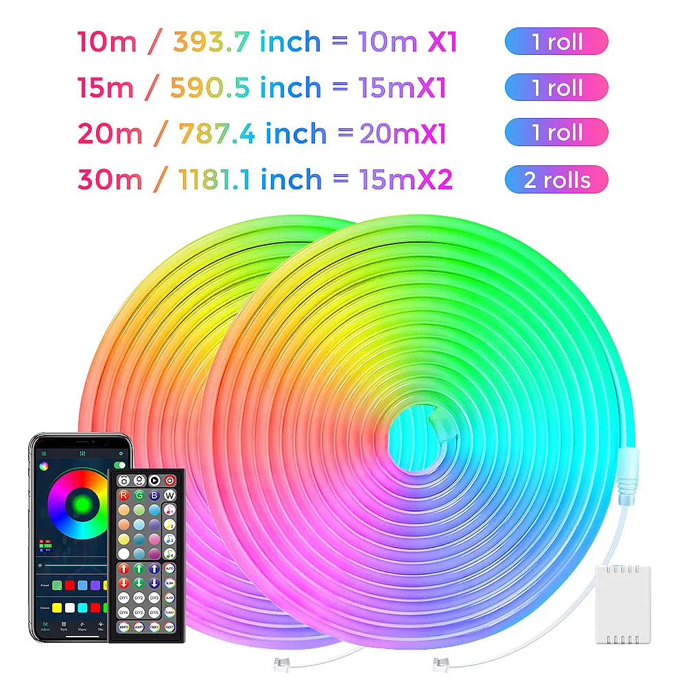 (EU PLUG) LED Neon Strip Light,5-30M นีออนเชือก App 44key รีโมทคอนโทรลสําหรับตกแต่งบ้าน Fairy Lighting