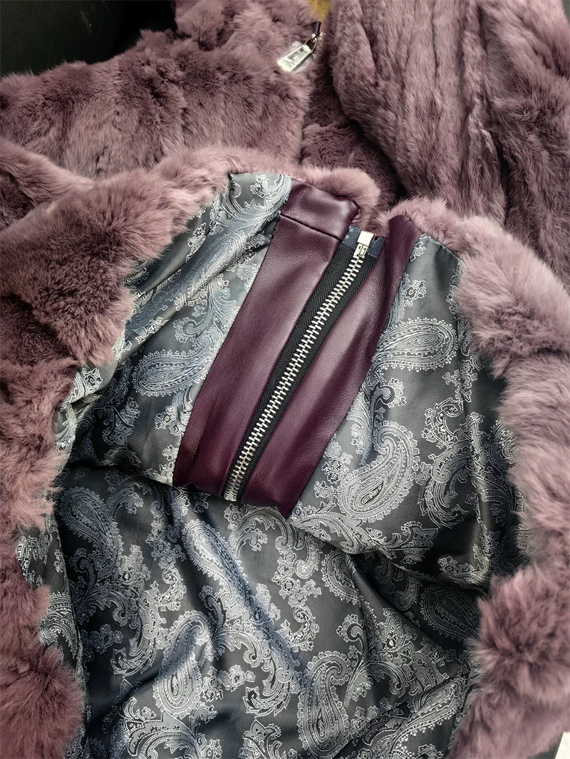 Mulheres inverno solto com capuz zíper jaqueta de pele natural 100% casaco de pele de coelho real grosso quente roupas femininas peludas outerwears