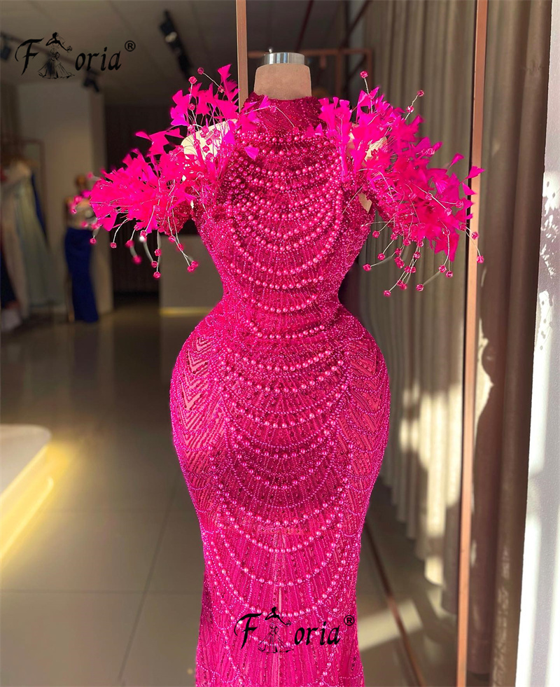 Einzigartige Designer Feder flauschige Perlen Meerjungfrau formelle Party Kleid Perlen Quaste Vestidos de Noche Couture Celerbrity Abendkleid