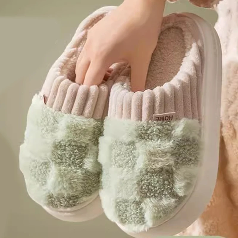 Chinelos de algodão para mulheres primavera outono inverno interior anti deslizamento casa quente inverno pele de pelúcia casal homens