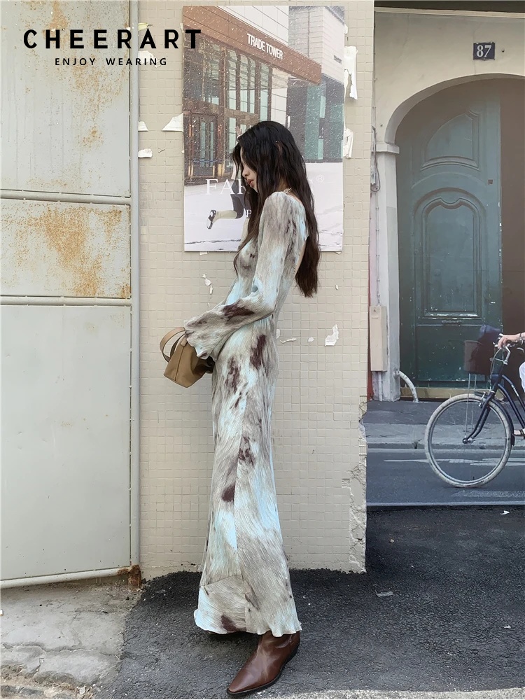 CHEERART-Vestido largo plisado de diseñador para mujer, maxivestido francés de manga larga acampanada, ropa de otoño