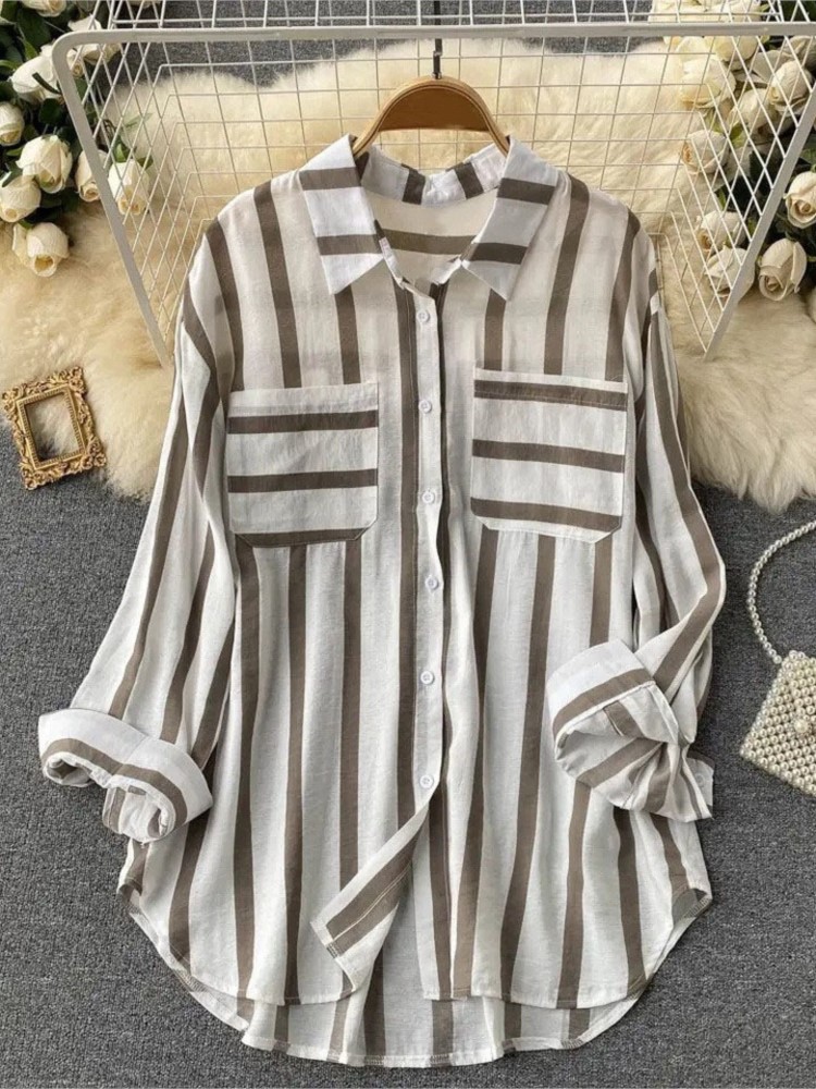Frühling Sommer Gestreiften Bluse Mode drehen-unten Kragen Langarm Taste Top Casual Shirt Weibliche Urlaub Lose Tops Shirts neue