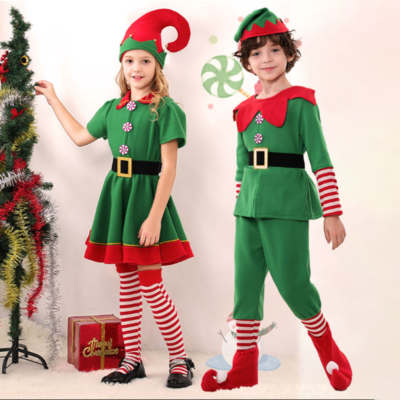 Disfraz de Papá Noel, disfraz de elfo de Navidad para la familia, ropa de Año Nuevo, hombres y mujeres, disfraz de elfos de Papá Noel, vestido elegante verde y rojo