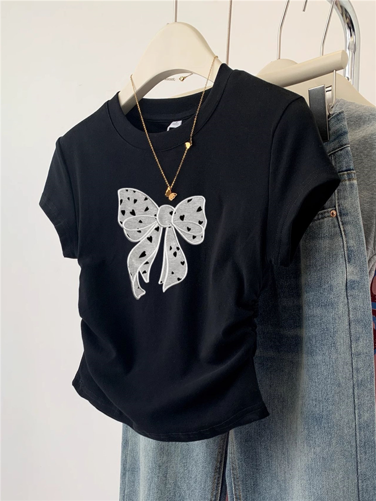 アメリカンスタイル半袖 Tシャツ女性のスリムフィットショルダーデザイン夏の新ファッショントップバタフライノットカジュアルウェア