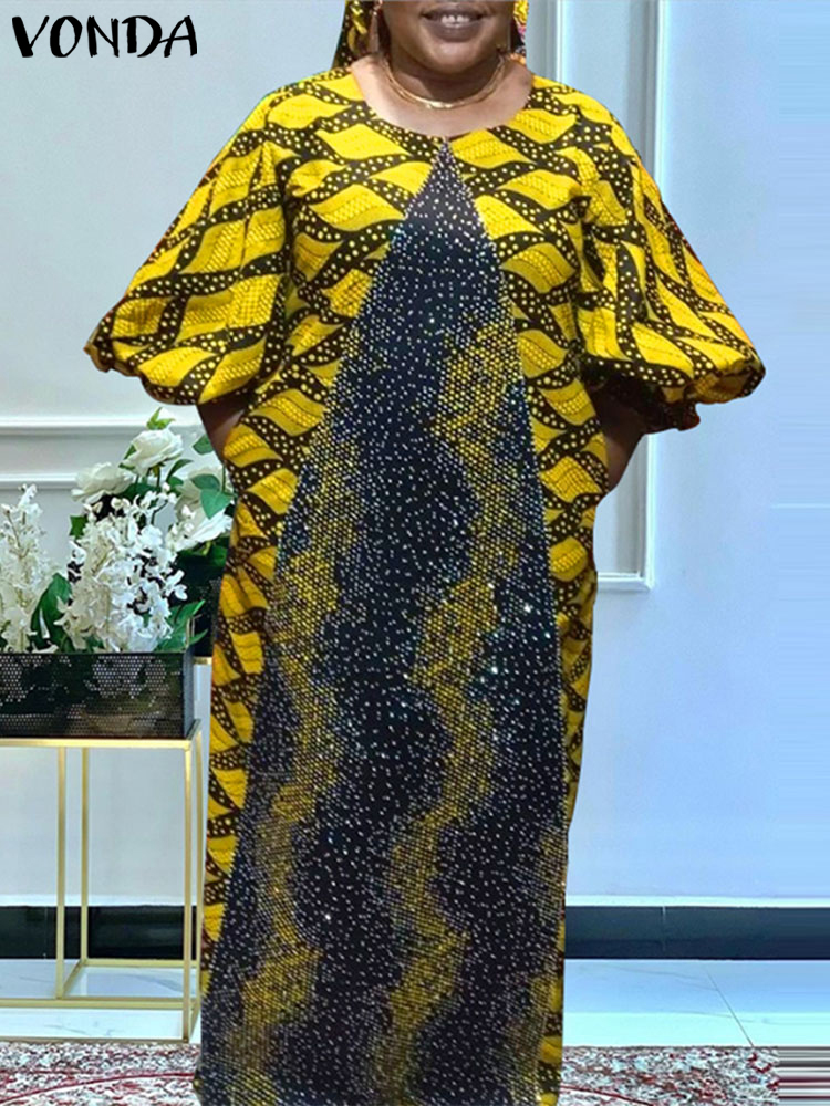 Vonda-女性のボヘミアンマキシロングドレス,ランタンスリーブ,ヴィンテージ,カジュアル,ラウンドネック,ルーズドレス,ラージサイズ,プリント,2024