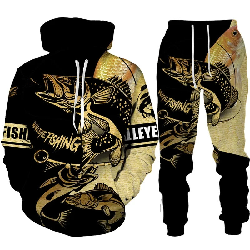 Conjuntos de moletom com capuz masculino novidade 3d peixe impresso pulôver calças terno harajuku camo pesca caça acampamento roupas ao ar livre conjunto moda