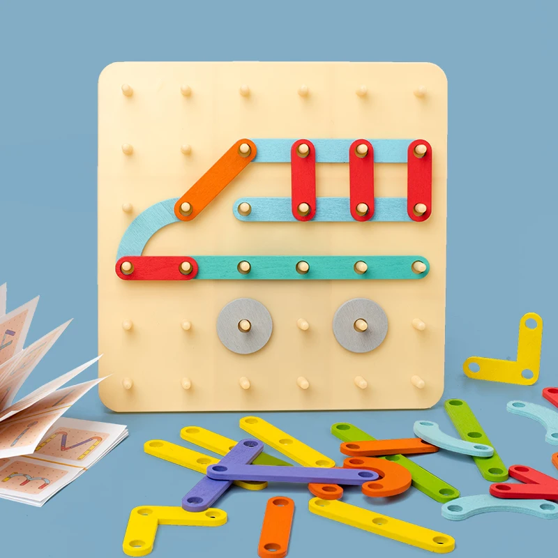 Crianças brinquedos de madeira placa criativa placa de unhas conjunto coluna geométrica construção quebra-cabeça geométrico pegboard montessori sensorial