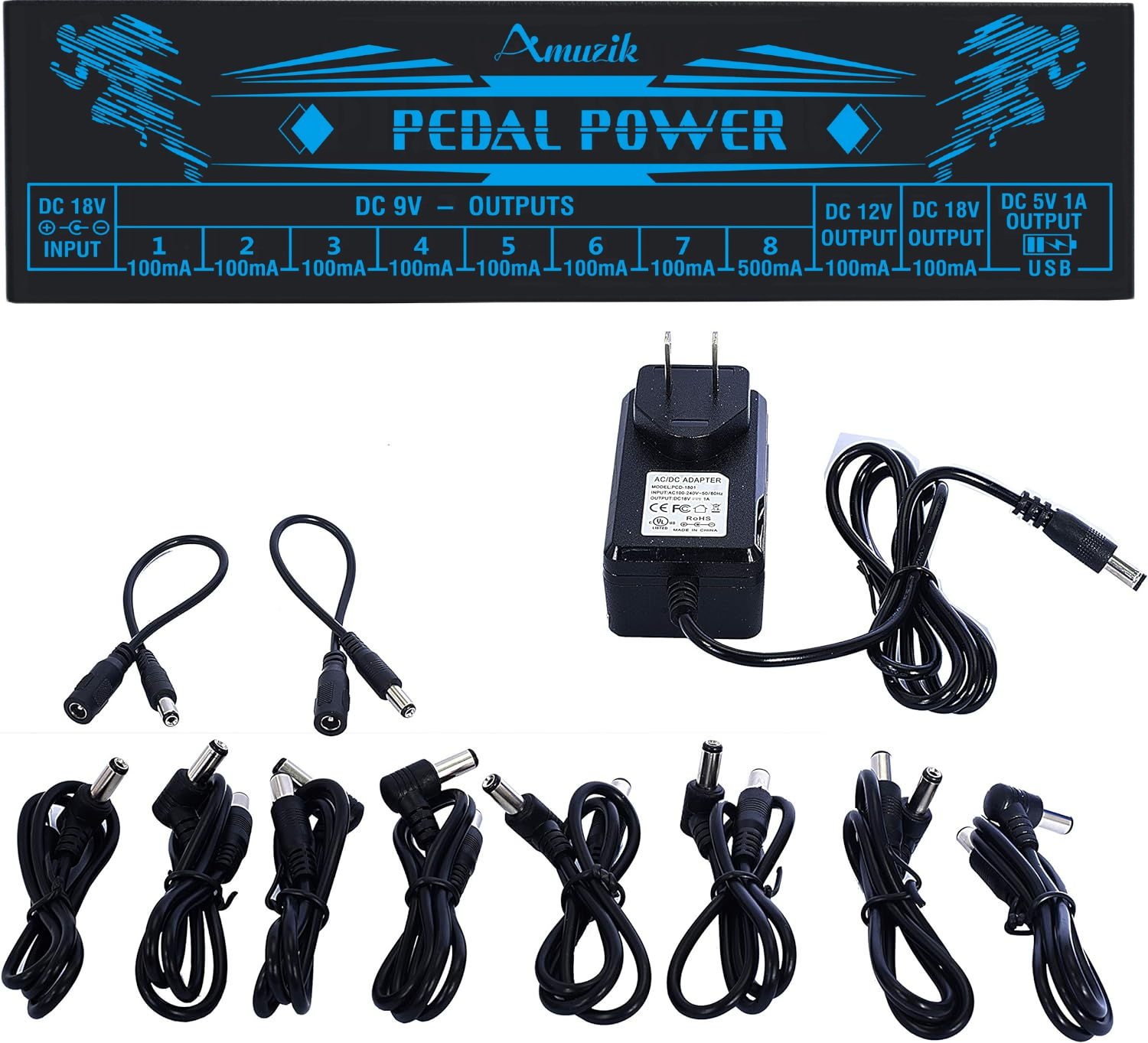 Amuzik Guitar Effector Pedal Power Supply 10 Isolated DC Output 9V 12V 18V Source Effect Pedalboard USB Port For cellphone