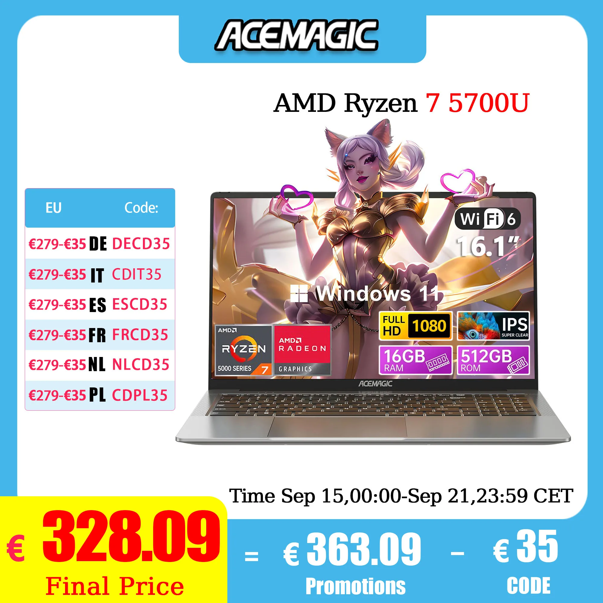 ACEMAGIC Gaming-Notebook AMD Ryzen 7 5700U (Beat i7-1265U) Laptop-Tastatur mit Hintergrundbeleuchtung, RAM 16 GB NVME SSD 512 GB, 16,1 Zoll Full HD 1920 x 1080
