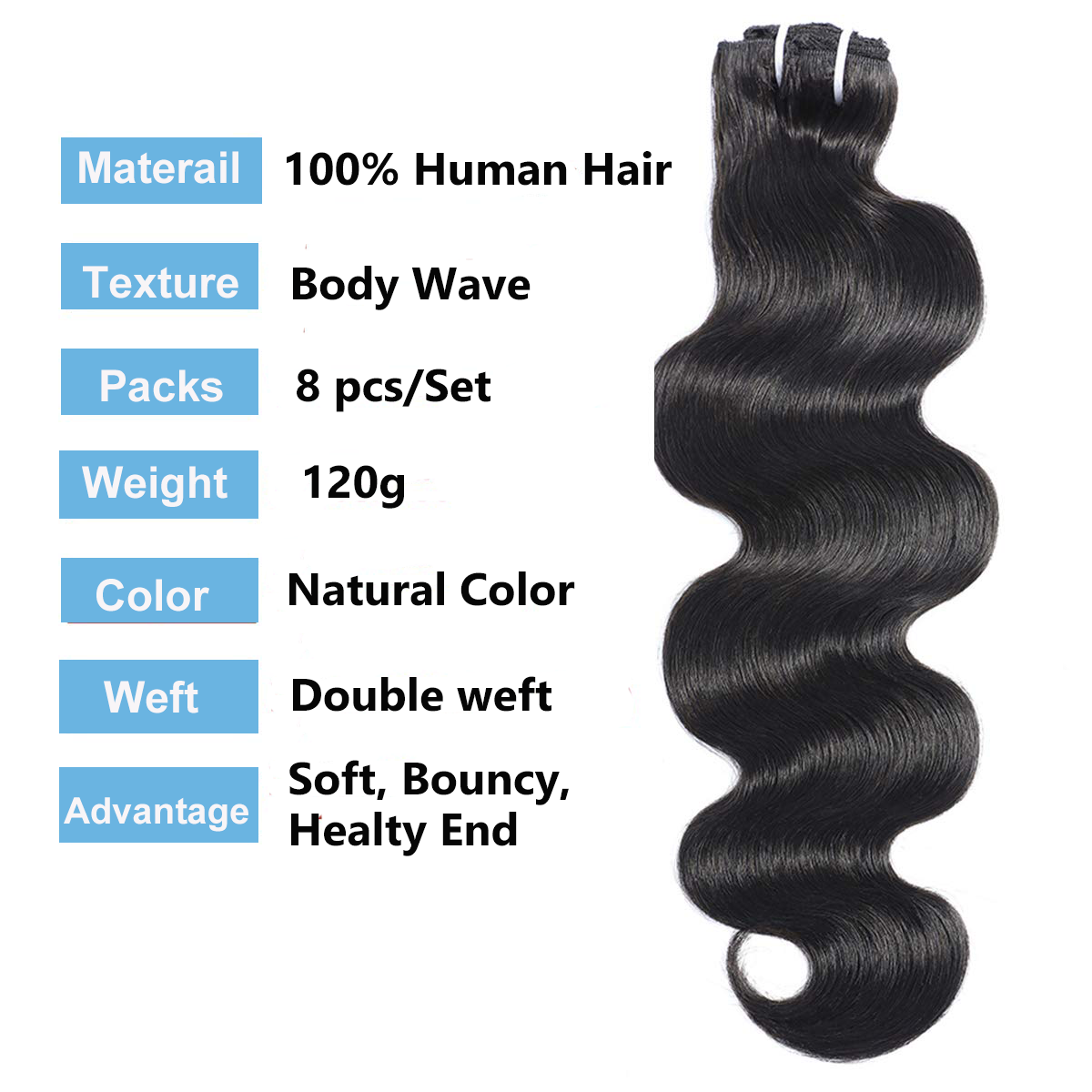 คลิป Body Wave ในต่อผมมนุษย์ธรรมชาติ 100% 8 ชิ้น 120 กรัม/เซ็ต # 1B คลิปต่อผมแบบบราซิลเต็มหัวสําหรับผู้หญิง