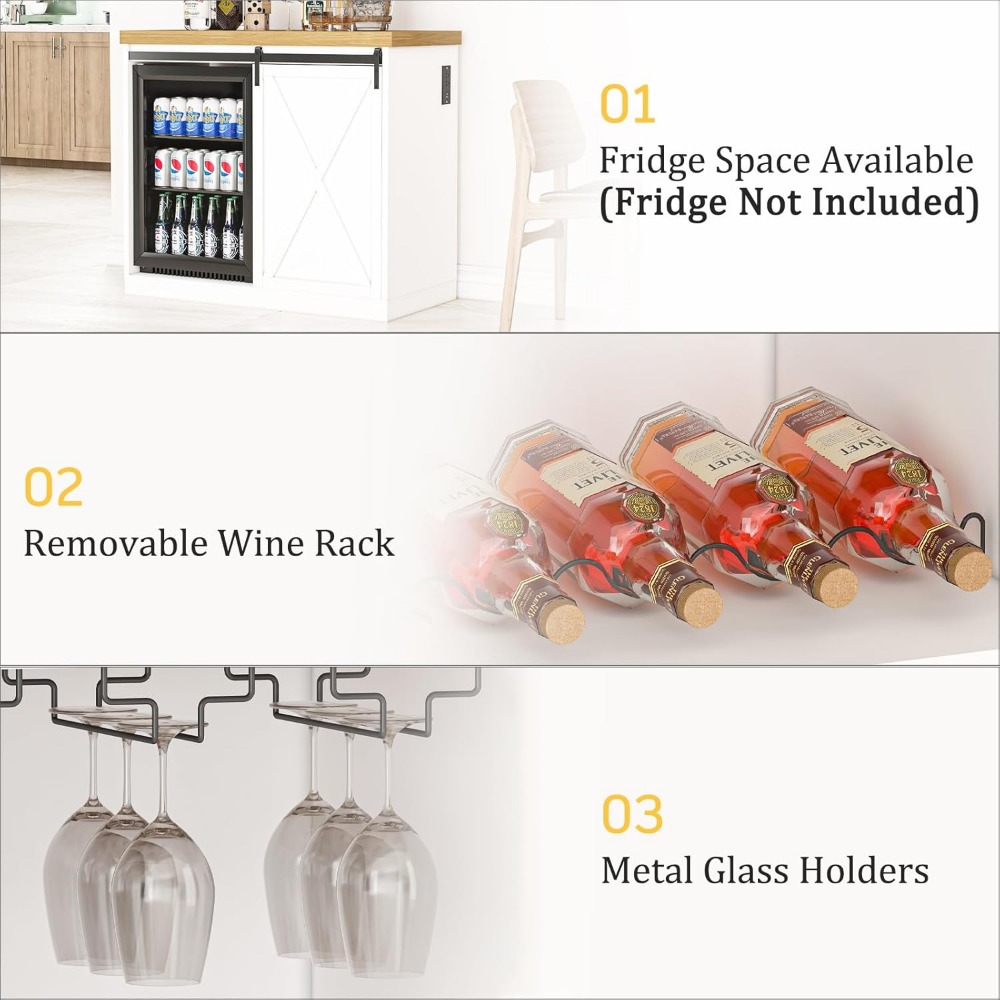 Mueble para cafetería de 49" - Wine Rack de granja con espacio para frigorífico, toma de corriente y puerta corredera" ​