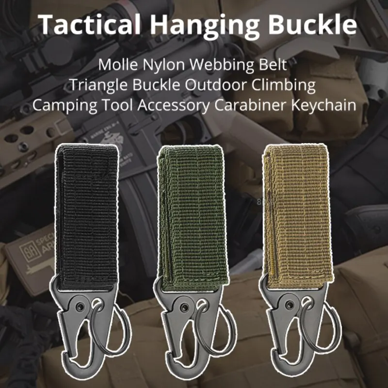 2 stücke Taktische Hängende Schnalle Molle Nylon Gurtband Karabiner Gürtel Dreieck Schlüsselbund für Outdoor Klettern Camping Werkzeug Zubehör