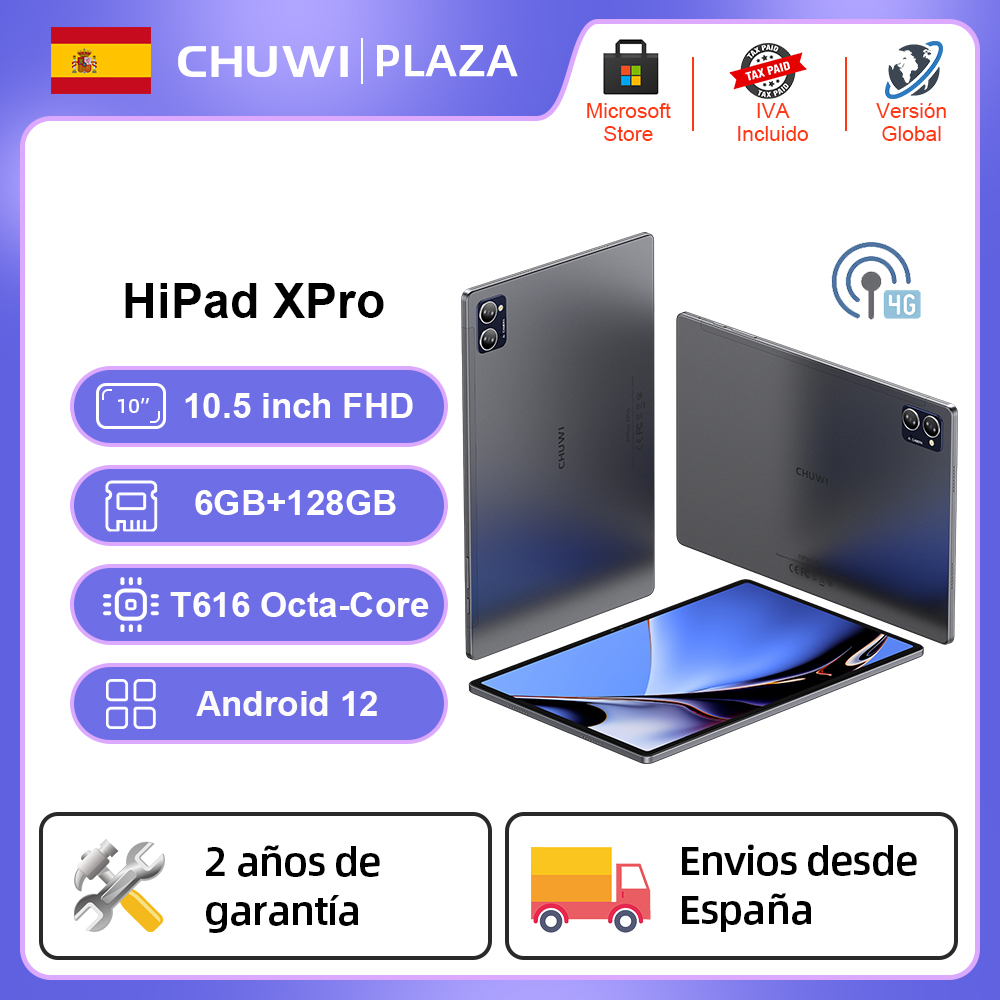 CHUWI HiPad XPro Nueva tableta de 10,51 pulgadas Pantalla 1920*1200 FHD Android 12 Unisoc T616 Octa Core 6GB RAM 128GB ROM 4G LTE Dual SIM 7000mAh Batería 13MP 8MP Cámara