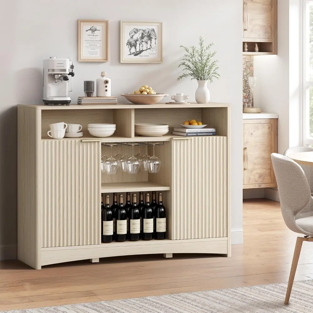 Amada 47.2" Modern Coffee Bar Cabinet with Storage, Fluted Wood Buffet Sideboard with Wine and Glass Rack, Liquor Cabinet with