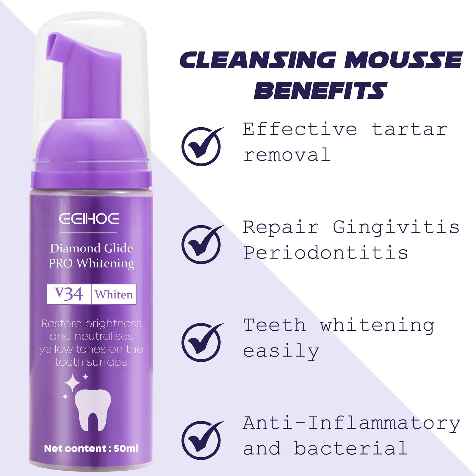 Purple Teeth Whitening Mousse Cleaning Dental Stain Removal Fresh Breath Repair Brightening Improve Yellow Teeth Color Corrector