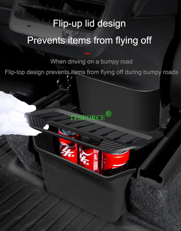 For Tesla Model Y 2021-2024 Rear Center Console Storage Box TPE Organizer Box with Cover Trash Can Under Seat Car Accessories