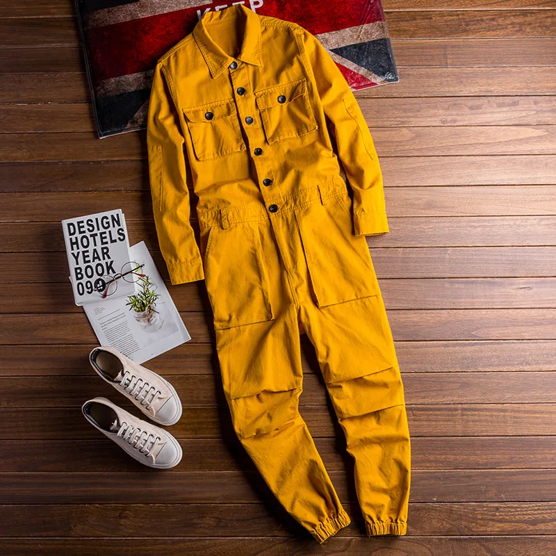 Spring Overalls Herren Overall lose Langarm Baumwolle Cargo hose schwarz gelb Workwear Hose Arbeits kleidung Stram pler