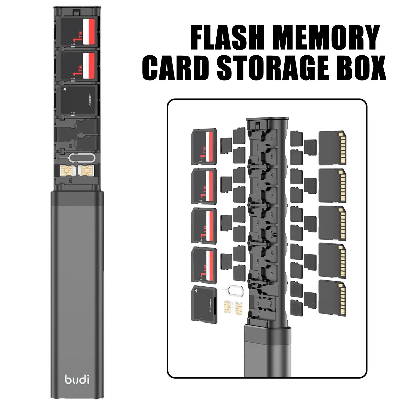 BUDI 30 In 1 Up Memory Card Storage Box Memory Card Organizer Case Storage Flash Memory Card Storage Box Phone Holder