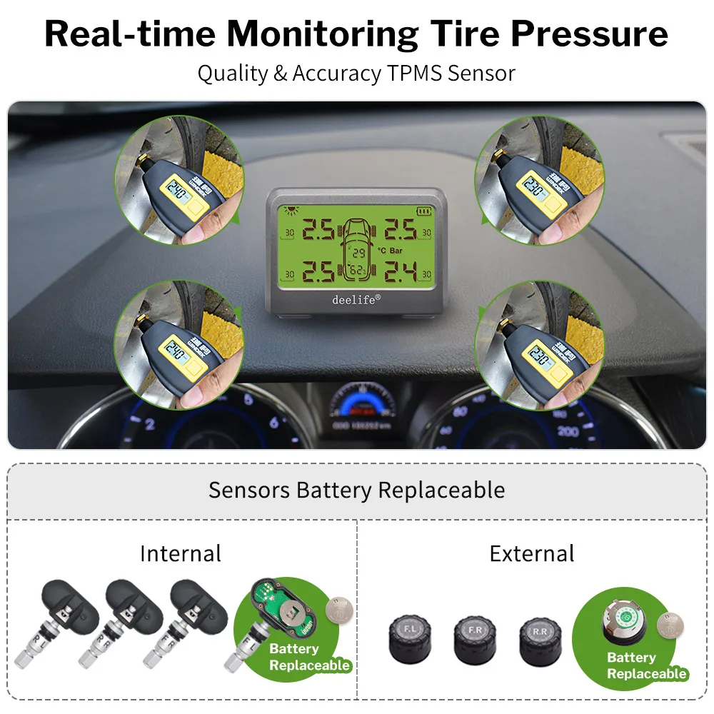 Deelife TPMS Sistema de monitoreo de presión de neumáticos de coche solar 0-8 Bar TMPS Sensor externo interno de neumáticos de rueda