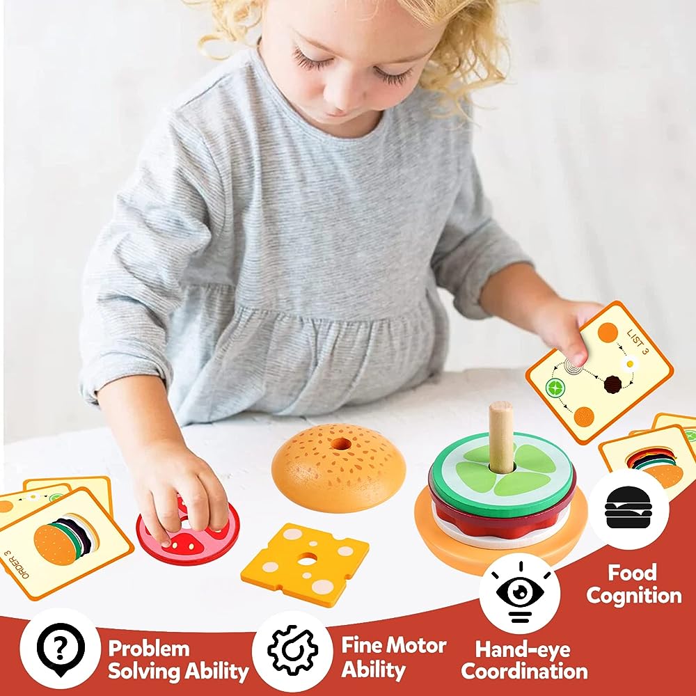 Montessori ไม้เบอร์เกอร์ซ้อนของเล่นสําหรับเด็กวัยหัดเดินเด็กก่อนวัยเรียนการเรียนรู้ของเล่นเพื่อการศึกษา Fine Motor Skill ของเล่นของขวัญ