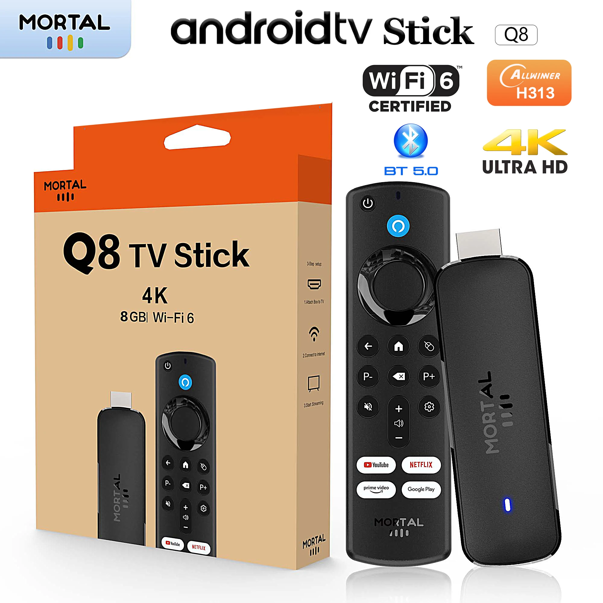 Directo da fábrica Android14 TV Stick Home Theater Mortal Q8 Suporte 4K a 60fps Vídeo Wifi6 Allwinner H313 Quad Core Comando Remoto por Voz