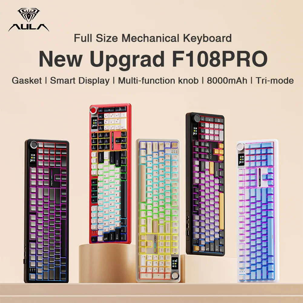 AULA F108 pro Беспроводная Bluetooth-клавиатура Макро игровая клавиатура Прокладка Полноразмерная клавиатура с возможностью горячей замены и интеллектуальным TFT-дисплеем