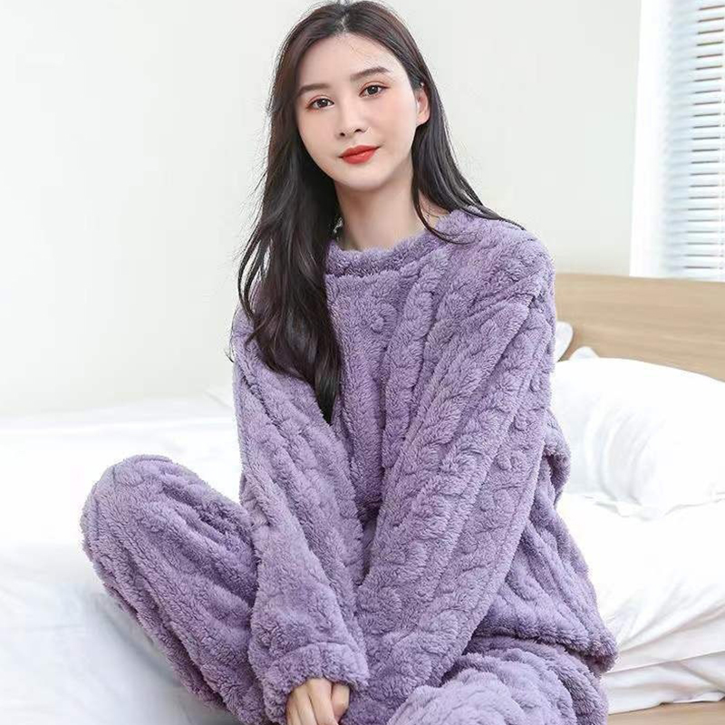 Herfst Vrouwen Solid Warm 2 Delige Sets Dikker Fluwelen Geribbelde Fleece Set Trui En Broek Vrouwen Casual Pyjama Sets 2023