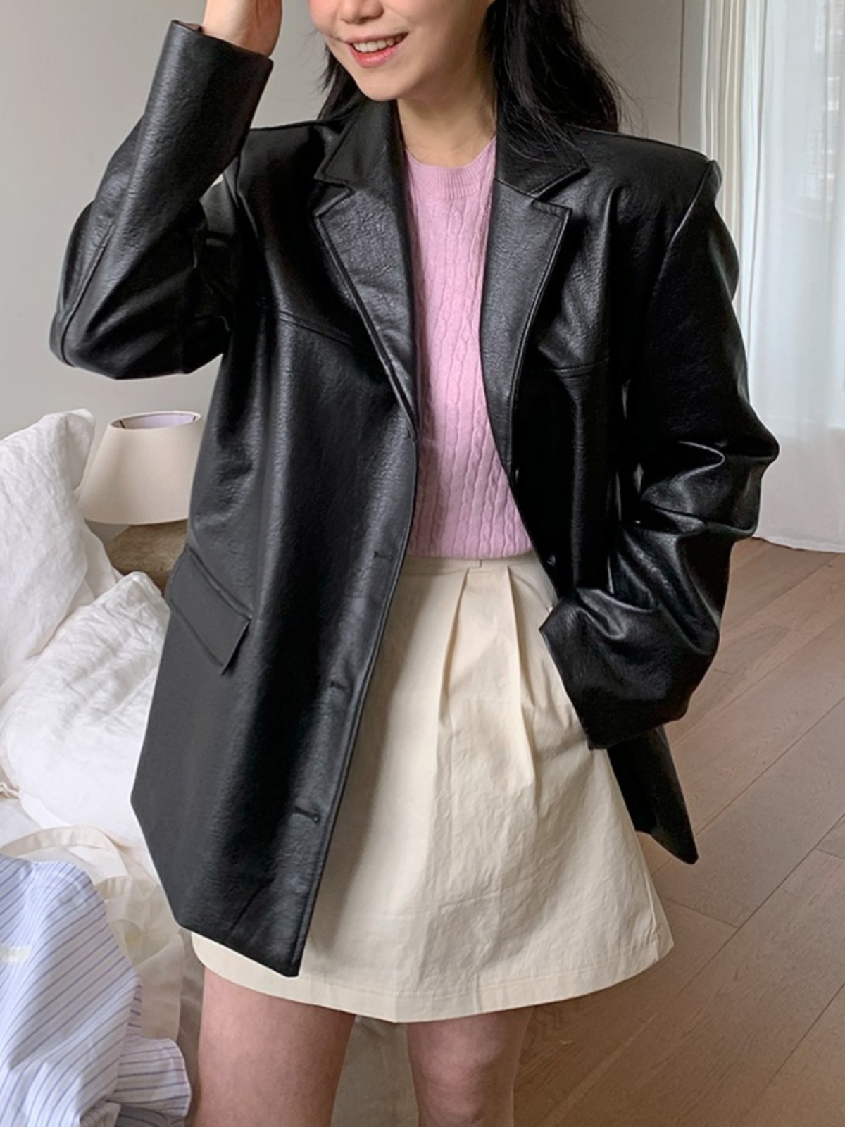 黒革ジャケットの女性の韓国スタイルの冬のファッションレトロスーツアウタールーズ多用途トップ PU 素材長袖