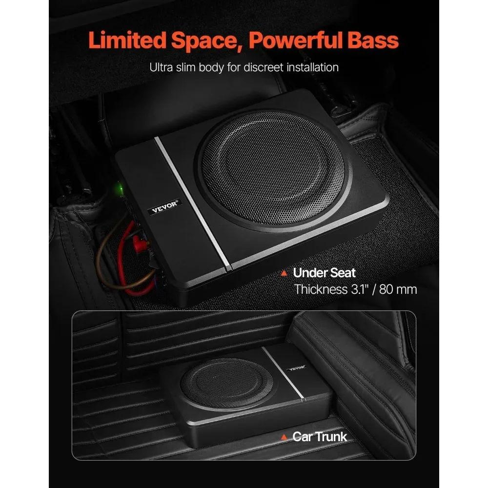 8" 240W Underseat Car Subwoofer, Slim Powered Car Subwoofers Under The Seat, Low Profile Audio Sub Built-in Amplifier, High/Low