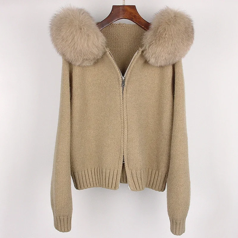 2024 moda americana outono inverno feminino casual com capuz gola de pele de raposa real moda jaqueta curta de malha com casaco de pele natural