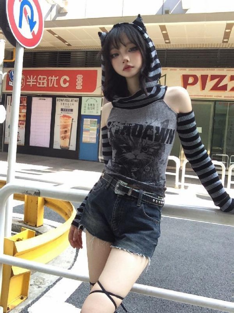 HOUZHOU-Sudadera con capucha gótica a rayas para mujer, estilo japonés, Vintage, Punk, estampado de gato, jerséis ajustados calados, suave, 2000s