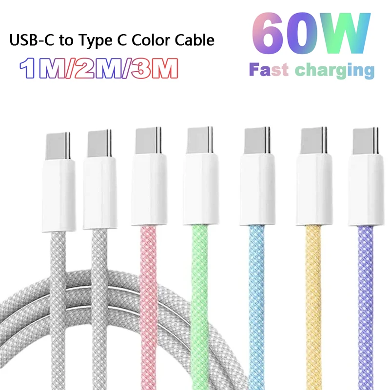 Cavo a colori da USB-C a tipo C per PD 60W Apple iPhone 15 Ricarica rapida per Samsung Huawei Xiaomi Tipo C Accessori per cavi per tessitura