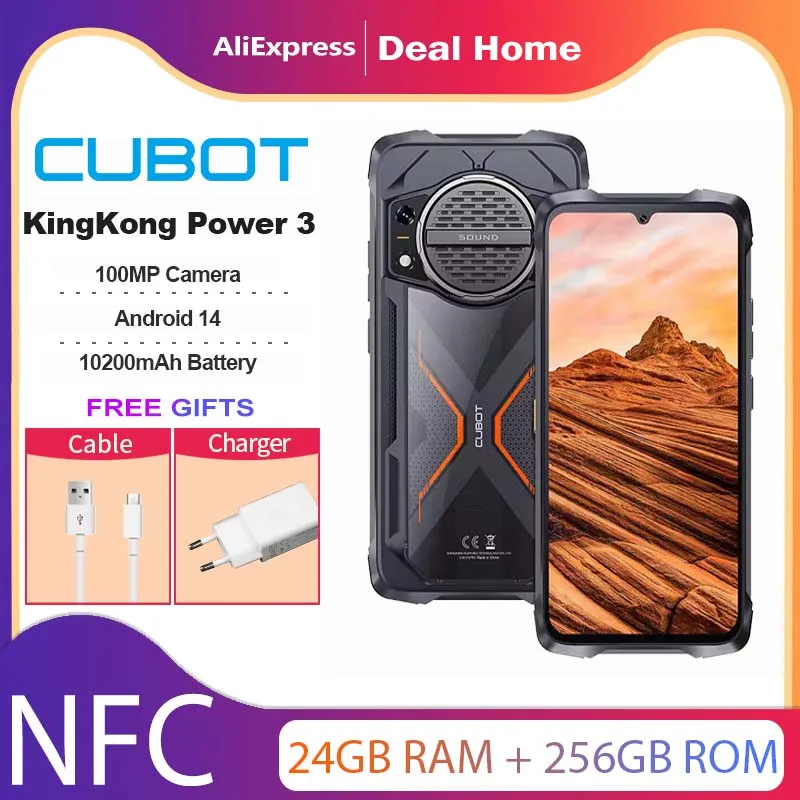 Cubot KingKong Power 3 สมาร์ทโฟนทนทาน Android 14 ลำโพง 123dB Helio G99 หน้าจอ 6.72 นิ้ว 120Hz แรมสูงสุด 24GB รอม 256GB แบตเตอรี่ 10200mAh กล้อง 100MP NFC เพิ่มลงในรถเข็น, smartphone android