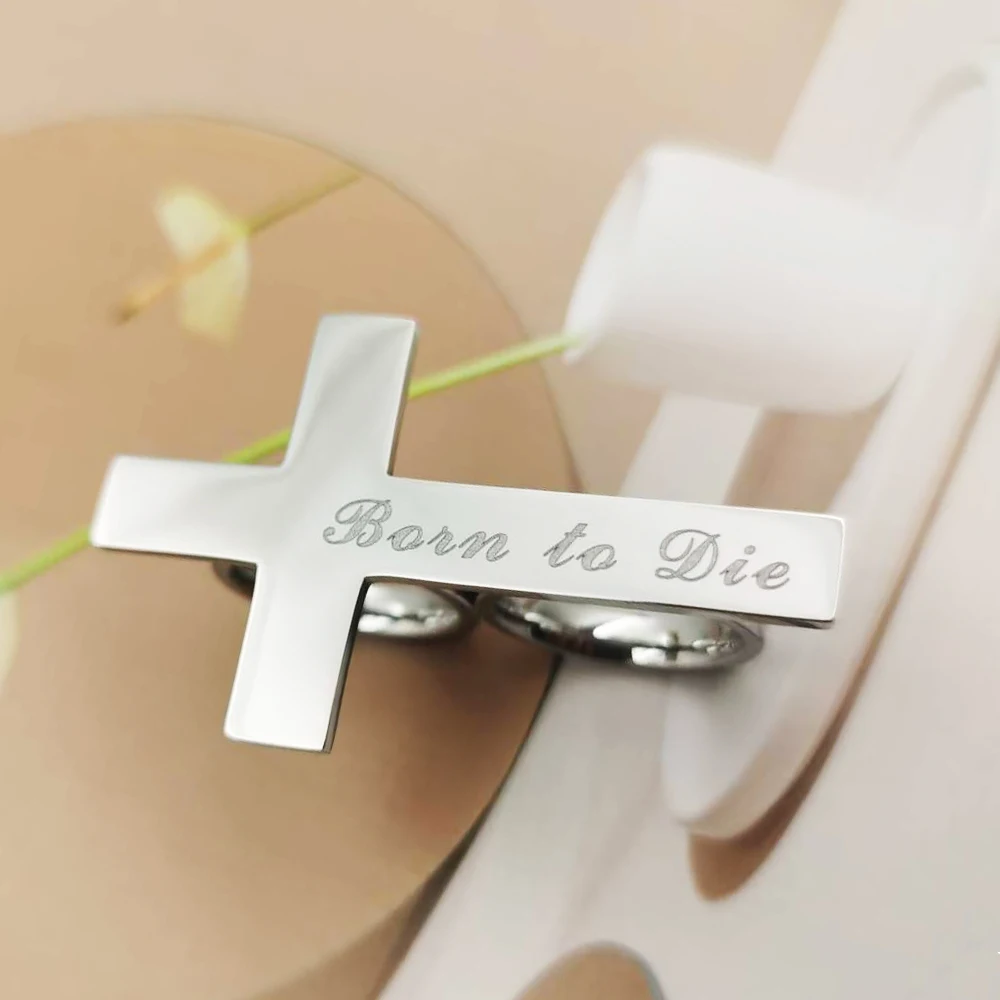 Anel de cruz personalizado com dois dedos, nome gravado, prata, aço inoxidável, joias masculinas, presente personalizado para namorado