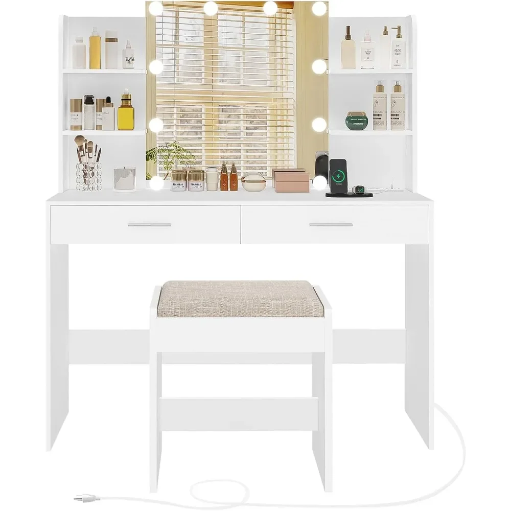 Vanity Desk, Makeup Vanity Desk with Mirror & Lights, Vanity Desk with 2 Drawers & 6 Storage Shelves, Dressing Table with Power