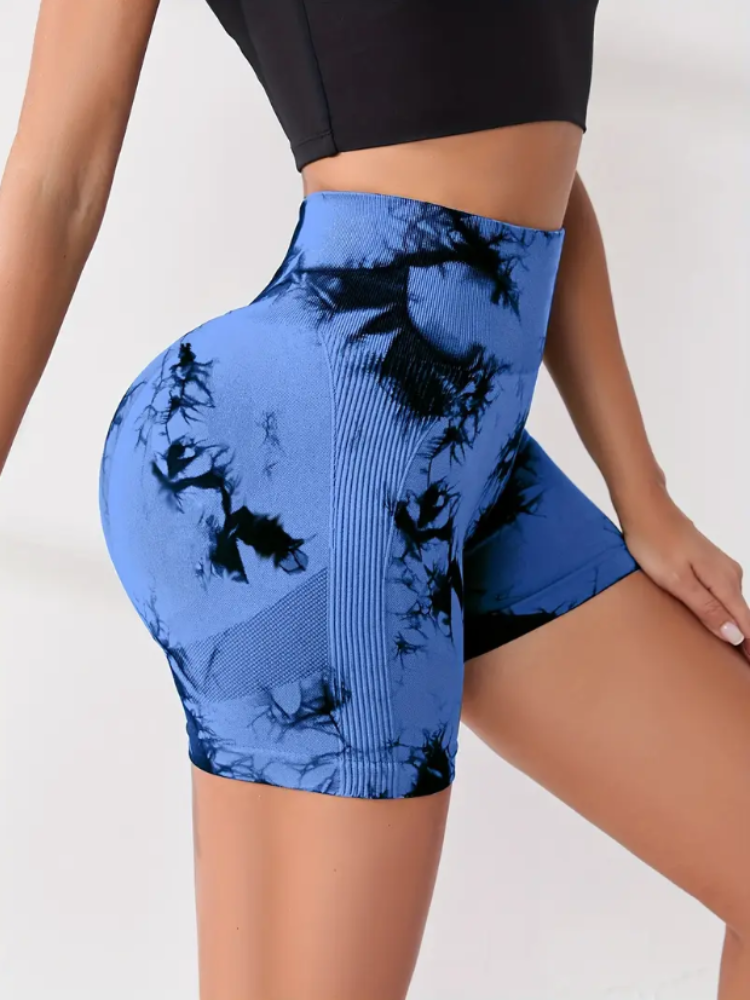 Tie Dye Multi Color Sports Shorts, High Waist Butt Lifting Training Shorts, Running Cycling Pants, Women's Activewear