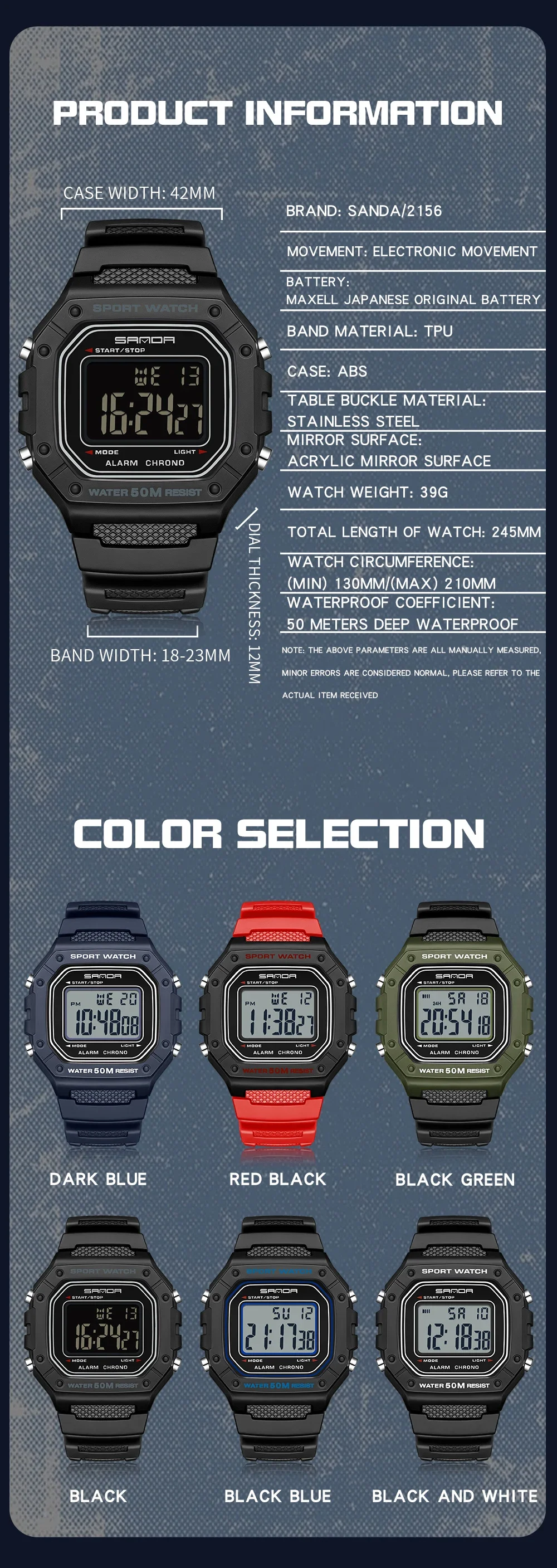SANDA 2156 relojes de moda para hombre, reloj deportivo resistente al agua para hombre, cronómetro militar estilo S, reloj de pulsera Digital a prueba de golpes